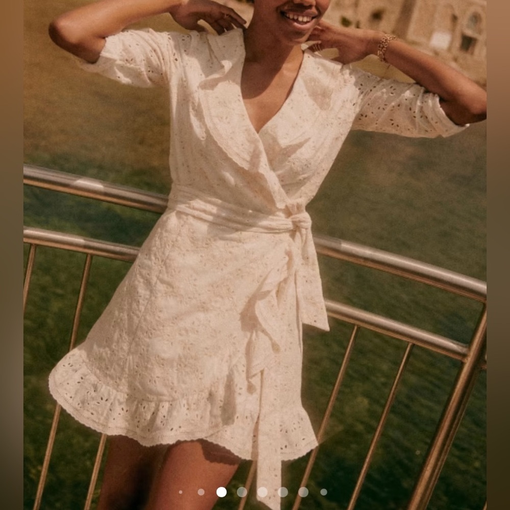 Sezane Cream Eyelet Wrap Dress